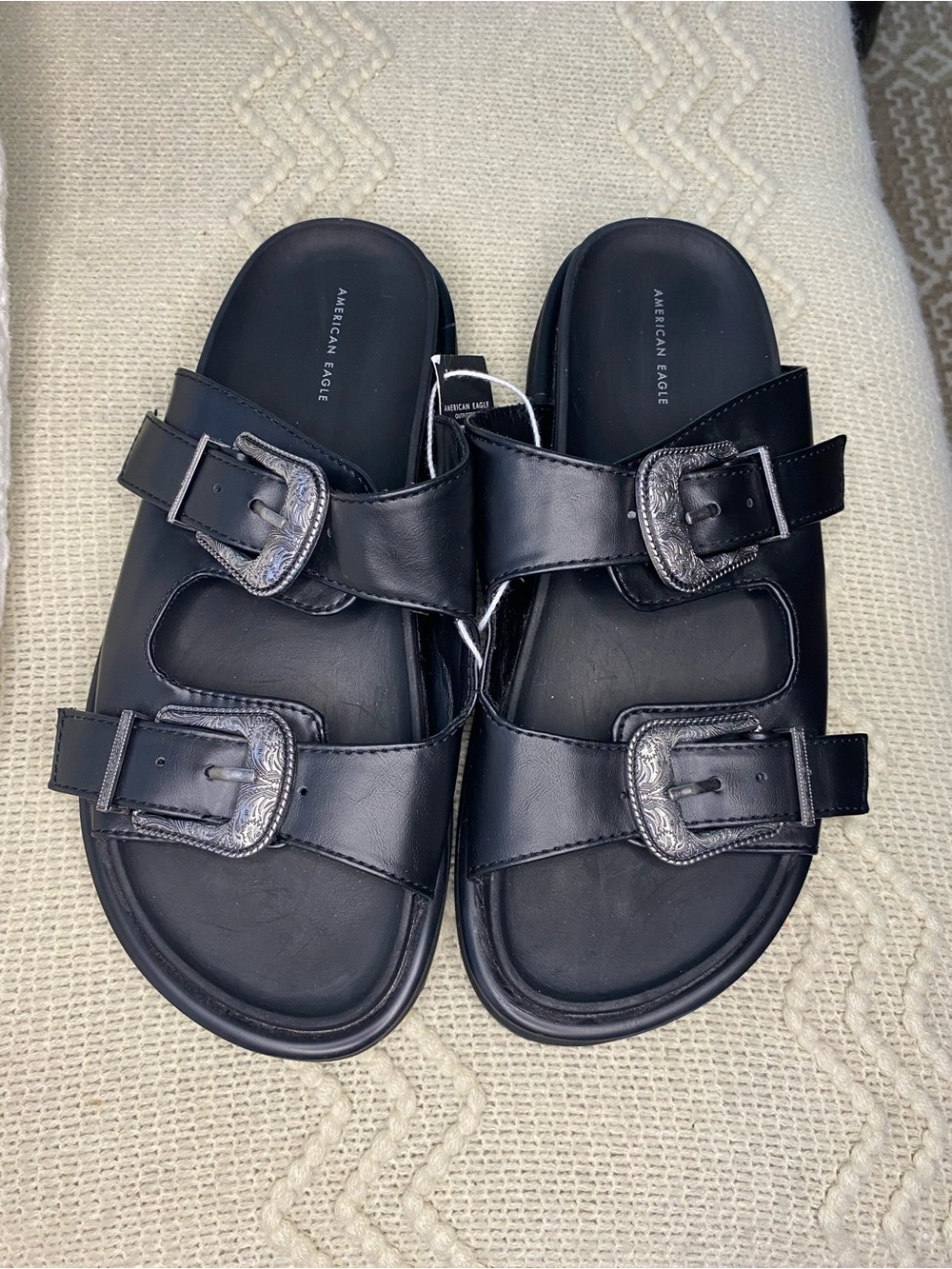 American Eagle Outfitters Black Western Buckle Slide Chunky Sandals